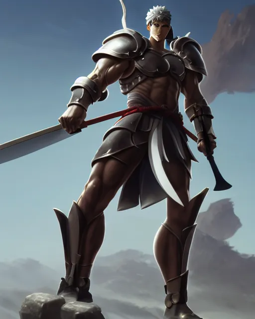 Image similar to strong muscular warrior with a greatsword and fully clad in plate armor, dramatic action pose, square masculine facial features, short messy hair, 3 d octane render, unreal engine 5, ultra high detail, cel shaded, trending on pixiv fanbox, by greg rutkowski makoto shinkai takashi takeuchi studio ghibli, akihiko yoshida