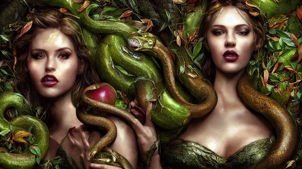 Image similar to portrait high definition photograph beautiful woman with a snake tongue licking an apple fantasy character art, hyper realistic, pretty face, hyperrealism, iridescence water elemental, snake skin armor forest dryad, woody foliage, 8 k dop dof hdr fantasy character art, by aleski briclot and alexander'hollllow'fedosav and laura zalenga