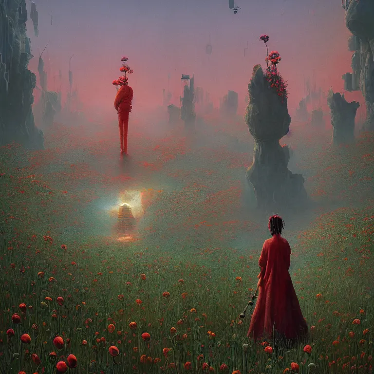 Prompt: A person standing in front of a, portal made of opium poppies, cyberpunk, epic surrealism, Detailed digital matte painting in the style of simon stalenhag and Bev dolittle Zdzislaw Beksinski, Greg Hildebrandt artstation