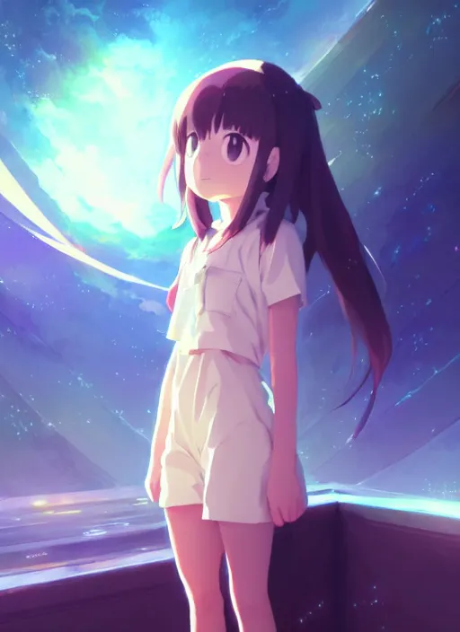 Image similar to portrait of a very cute girl with crazy eyes big, very cool anime space background illustration concept art anime key visual trending pixiv fanbox by wlop and greg rutkowski and makoto shinkai and studio ghibli and kyoto animation