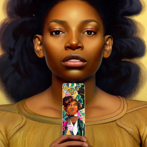 Prompt: modern black woman | hyperrealistic | digital painting | trending on artstation | pinup portrait | clean | illustration | dressed | Unreal Engine 5 | 8k resolution | by Greg Rutkowski Alphonse Mucha Gustav Klimt and Mel Ramos