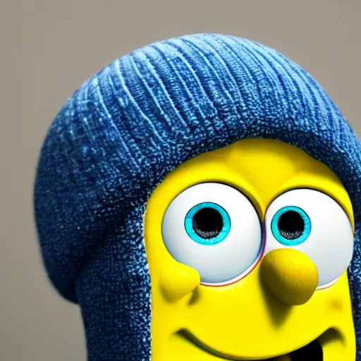 Image similar to sponebob in a beanie, photorealistic, soft focus, depth of field,