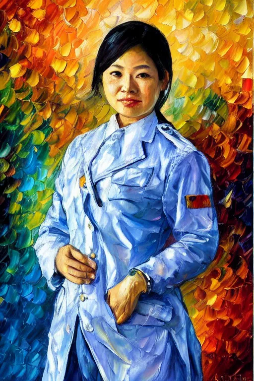 Image similar to palette knife oil painting portrait of a female asian police psychiatrist, extreme detail, style by leonid afremov and degas, artstation trending, artgerm, deviant art, octane, substance, art history 8 k