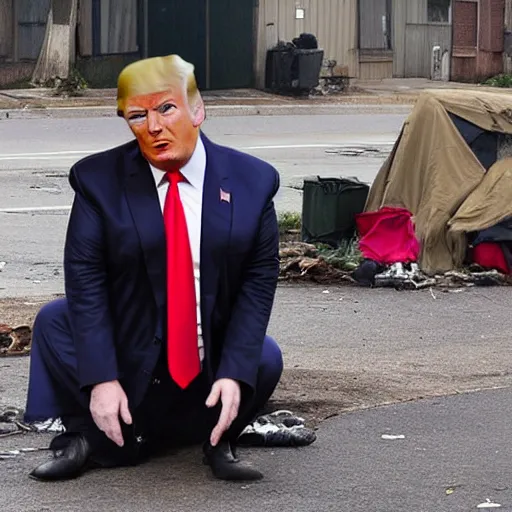 Image similar to donald trump dressed as a homeless man living in the slums