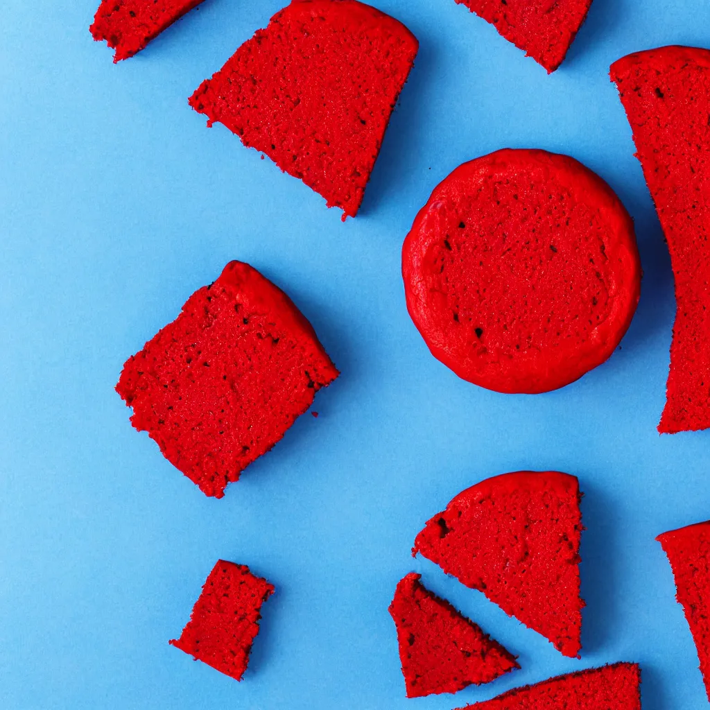 Image similar to top-down view of red cake on top of a blue surface, 8k, high detail, photorealistic, proper shading