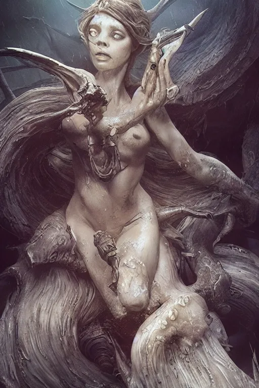 Prompt: beautiful siren, creature concept art, weta studios, Guillermo Del Toro,