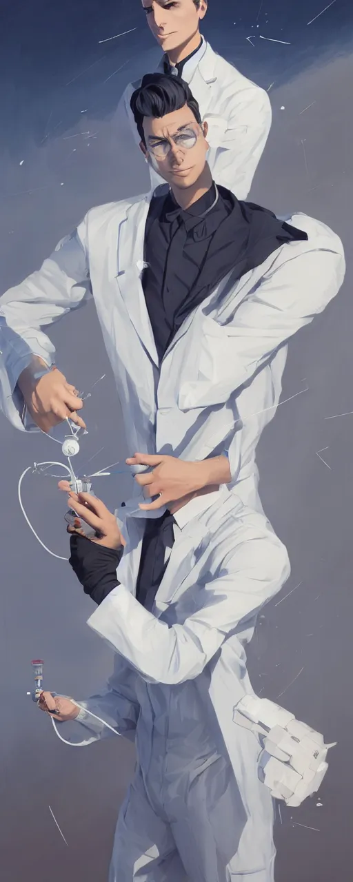 Prompt: tired and dissapointed emotionless butch young man scientist with short slicked - back hair, making an experiment - wearing white suit, wearing jetpack, digital art, rough paper, behance hd by jesper ejsing, by rhads, makoto shinkai and lois van baarle, ilya kuvshinov, rossdraws global illumination.