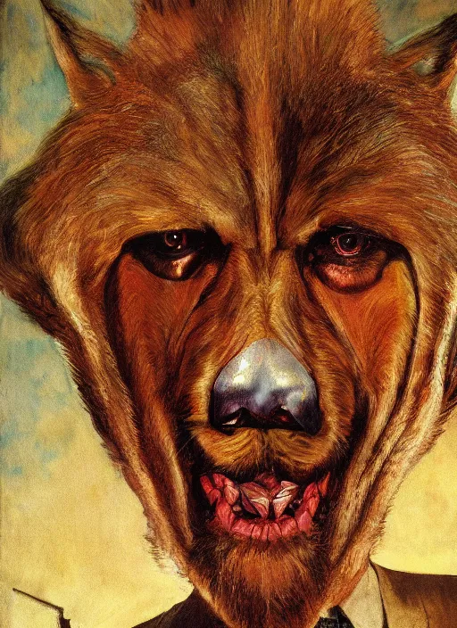 Image similar to closeup portrait biblical daemonic christopher walken! in a dog mask, by mikhail vrubel, by peter elson, muted colors, extreme detail, trending on artstation, 8 k