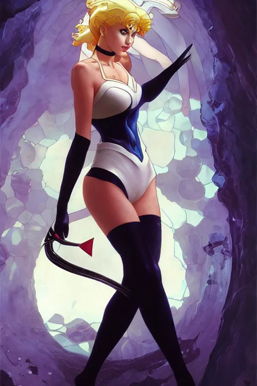 Image similar to blonde sailor moon as aeon flux, by Stanley Artgerm Lau, greg rutkowski, Craig mullins, Peter chung, thomas kindkade, alphonse mucha, loish,