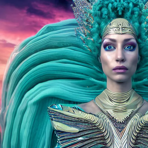 Image similar to unreal engine, octane render, 8 k, sandro botticelli portrait of egyptian sumerian goddess princess intergalactica, nautical siren, queen of heaven, techno mystic goddess, with aqua neon dreadlocks, teal eyebrows encrusted with diamonds, wearing iris van herpen haute couture, star - gate of futurisma,