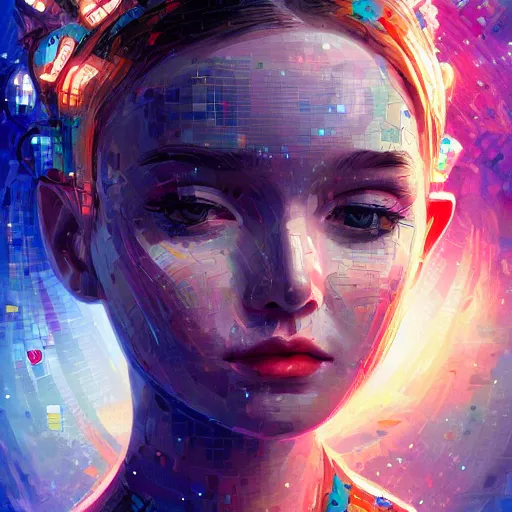 Image similar to mosaic portrait of a beautiful young girl with robot ears falling into the stars by Ross Tran, 4k, intricate details