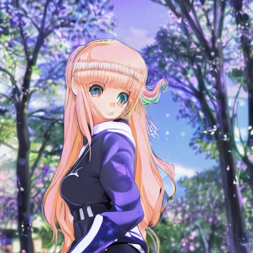 Image similar to blonde - haired princess, anime princess, wearing black jacket and white leggings, looking through crowd, town street, festival street, trees, green trees, blue lighting, blue sunshine, strong lighting, strong shadows, vivid hues, ultra - realistic, sharp details, subsurface scattering, intricate details, hd anime, 2 0 1 9 anime