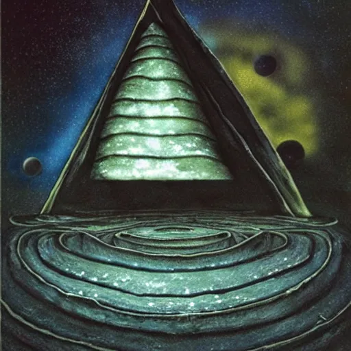 Image similar to rotten moon, airbrush, watercolor, dripping paint, dichromatism, extradimensional, hyperpyramid, klein bottle, by h. r. giger, by john constable, by laurie lipton, by tony diterlizzi, by wlop