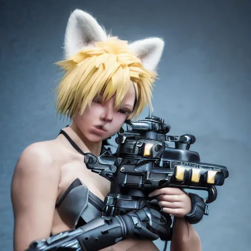 Image similar to close up of evil futuristic dystopian regime soldier, plasma gun, angry, blonde hair with fox ears, fluffy fox ears, human, female, concept design, contrast, hot toys, kim jung gi, greg rutkowski, zabrocki, karlkka, jayison devadas, trending on artstation, 8 k, ultra wide angle, pincushion lens effect