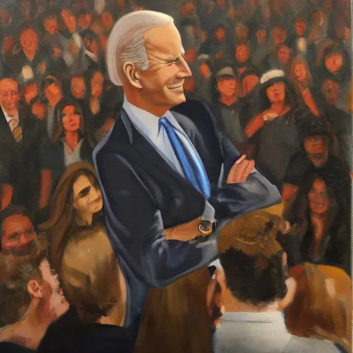 Image similar to Biden staring off into a crowd of people cheering, it’s nighttime, oil painting