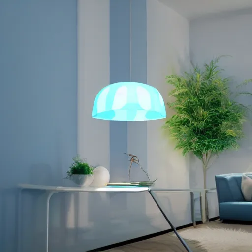 Image similar to a large blue florescent light lamp, inspired by a woman body, placed in a living room, home design magazine HD photo super realistic 3d 8k resolution