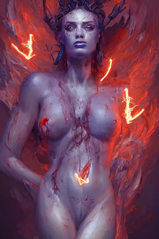 Prompt: torso closeup model wearing exploding fire electricity and blood, sorcerer, diamonds, angel, fantasy, dramatic lighting, highly detailed, digital painting, holding electricity, magic the gathering, hyper detailed, 3 d render, hyper realistic detailed portrait, peter mohrbacher, wlop, ruan jia