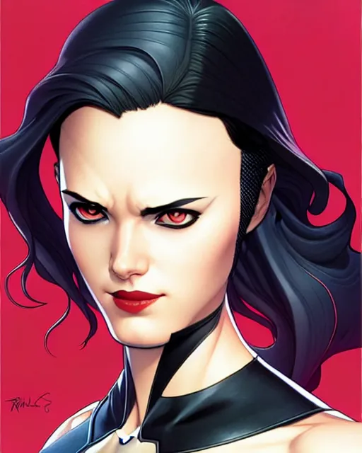 Prompt: phil noto comicbook cover art, artgerm, female domino marvel, black spot right eye, symmetrical eyes, long red hair, full body, city rooftop