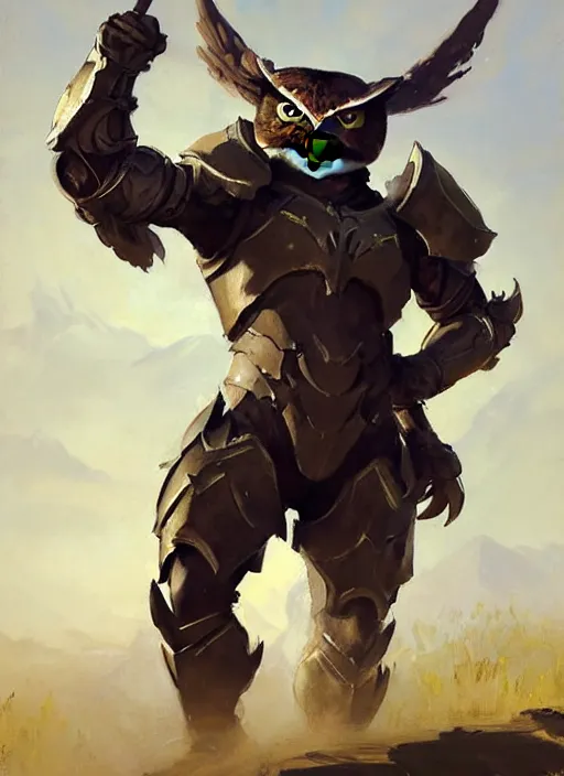 Prompt: Greg Manchess painting of a Owl Charr from Guild Wars 2 wearing Forerunner Armor from Halo, countryside, calm, fantasy character portrait, dynamic pose, above view, sunny day, artwork by Jeremy Lipkin and Giuseppe Dangelico Pino and Michael Garmash and Rob Rey, very coherent asymmetrical artwork, sharp edges, perfect face, simple form, 100mm