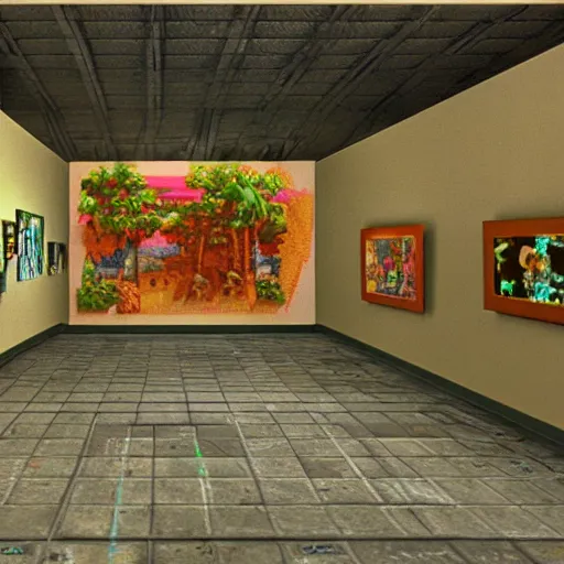 Prompt: virtual art museum in a 9 0 s video game, wacky mid 9 0's operating system, net art, ps 1 graphics, ps 2 screenshot, 3 d render, liminal space, hd, intricate, detailed