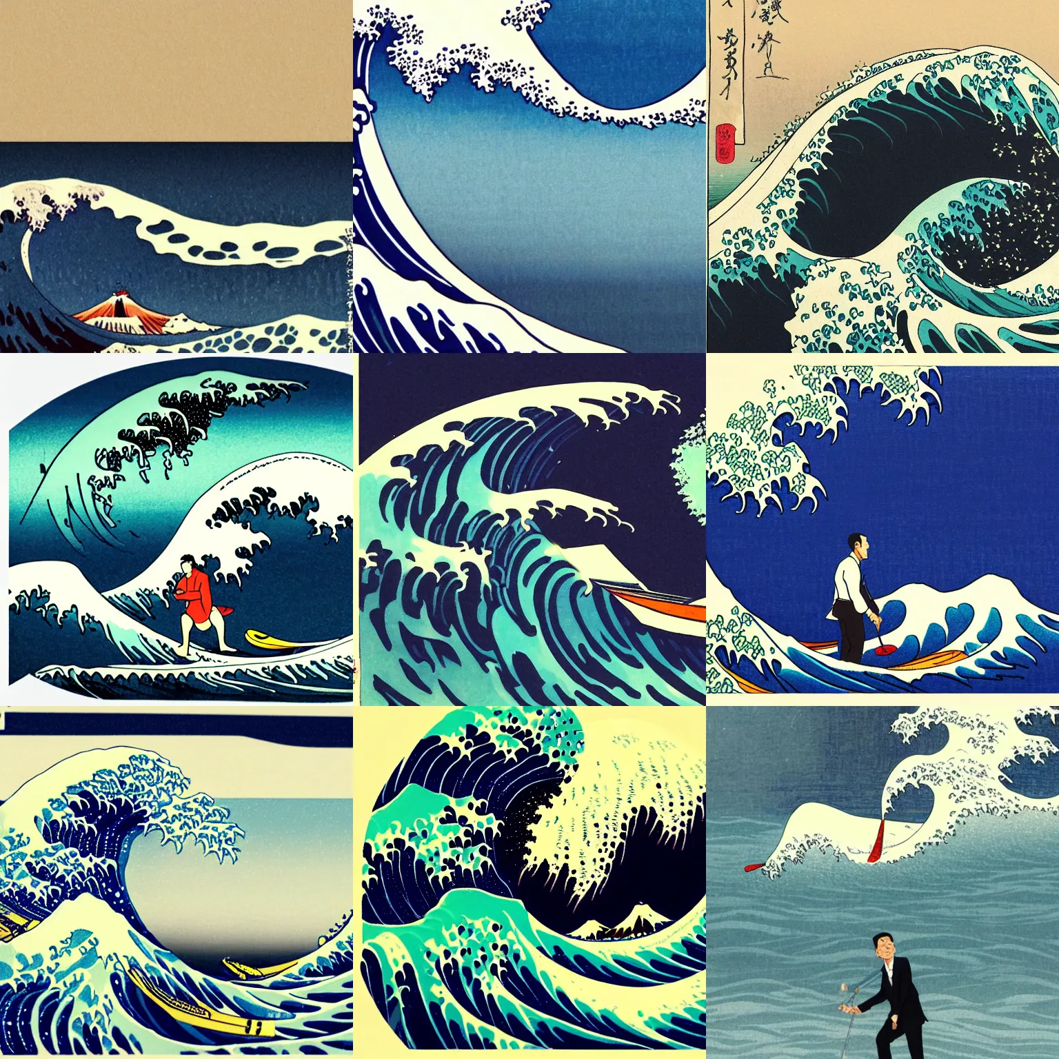 Prompt: a customer success manager!!!!!!!! in business suit!!!!!! surfing the great wave by hokusai, the manager is wearing a business suit and standing on a surfboard, detailed, professional, imax, trending on artstation