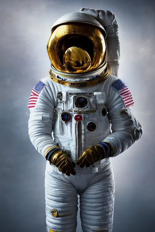 Image similar to extremely detailed studio portrait of space astronaut, helmet off, helmet on lap, full body, soft light, golden glow, award winning photo by michal karcz and yoshitaka amano