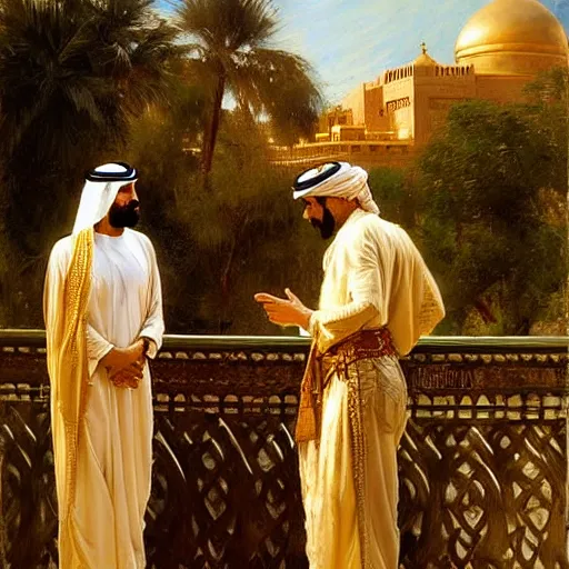 Image similar to attractive arab king confesses his love for his attractive male prince, in balcony of palace, above a river,. highly detailed painting by gaston bussiere, craig mullins, j. c. leyendecker
