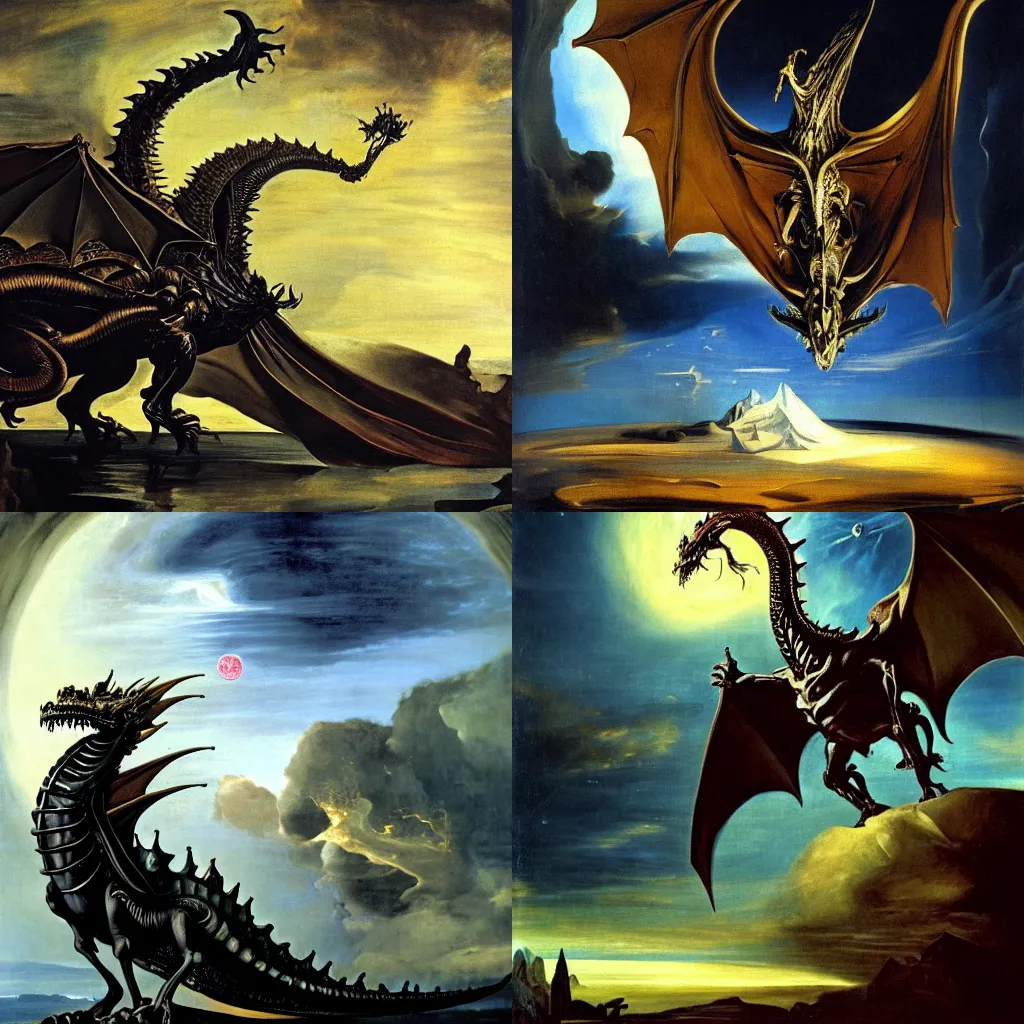 Prompt: A majestic gothic planetary dragon, by Salvador Dali, by Francisco de Goya, by Caravaggio, masterpiece, oil on canvas, concept art, matte painting, trending on artstation, top on pixiv, cinematic composition, dramatic scene, beautiful lighting, sharp, high details, astrophotography, no frames, 8K
