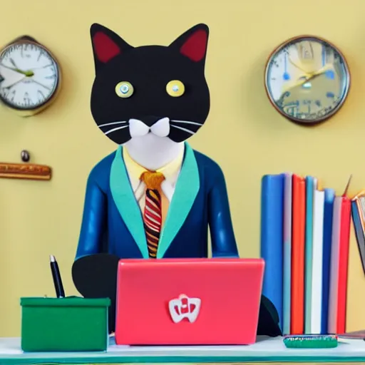 Image similar to a happy and contented cat wearing a business suit, sitting behind desk, selling insurance, disney character, cartoonish, colorful, detailed, claymation, dreamlike, felt, wes anderson