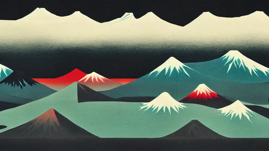 Image similar to japan tateyama mountain range toyama, a collage painting, in the style of wes anderson, lola dupre, david hockney, isolated on negative space background dark monochrome neon spraypaint accents volumetric octane render