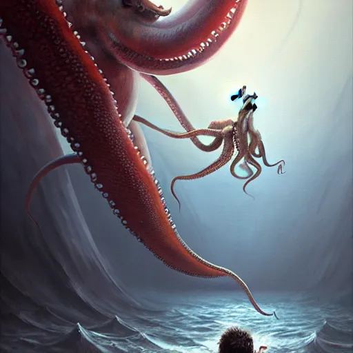 Image similar to a dream fantasy painting of a giant octopus attack a swimming man, by beksinki, giger, greg rutkowski, carne griffith trending on artstation, deviantart, photorealism