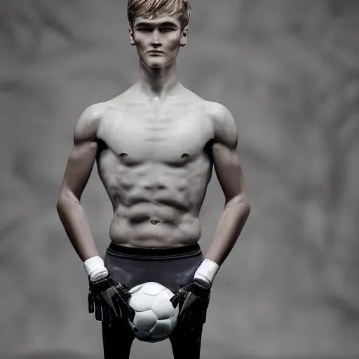 Image similar to a realistic detailed photo of a guy who is an attractive humanoid who is half robot and half humanoid, who is a male android, soccer player martin ødegaard, shiny skin, posing like a statue, blank stare, in a living room, on display, showing off his muscles