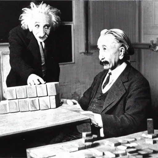 Prompt: Albert Einstein and Kurt Godel playing Jenga with the fabric of reality