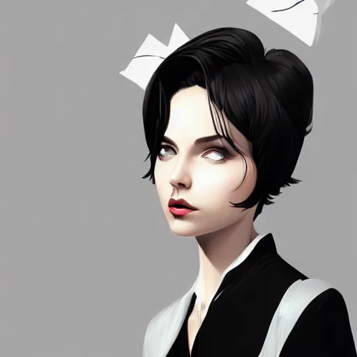 Image similar to girl in tuxedo with black chaotic wavy short haircut, elegant, 2d, ultra highly detailed, digital painting, smooth, sharp focus, artstation, art by Ilya Kuvshinov