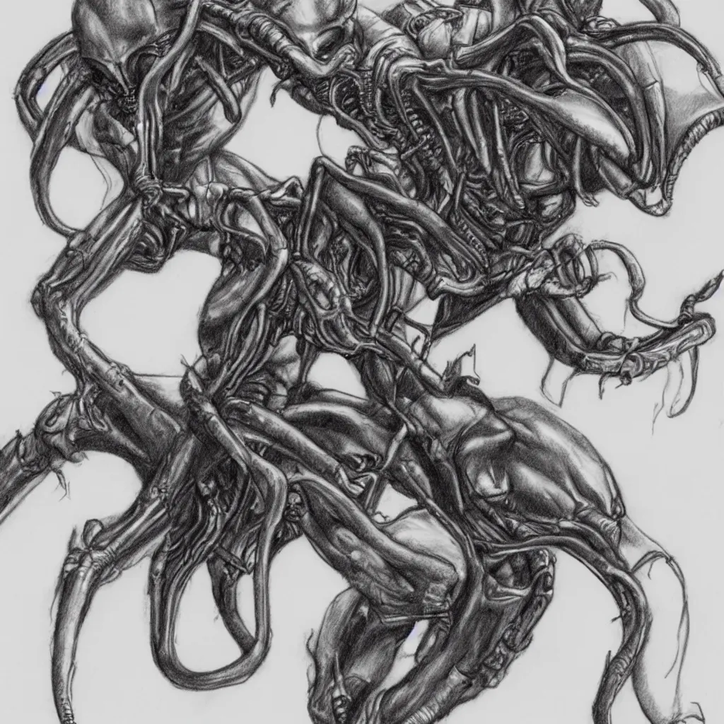 Prompt: a pencil sketch of a cowboy riding xenomorph, white background