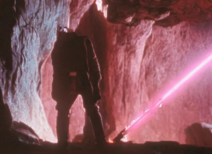 Prompt: detailed photo of Luke skywalker uncovering the secrets of the ancient jedi texts. a dark pink hazy ethereal cave from Indiana jones, screenshot from the 1983 film, Photographed with Leica Summilux-M 24 mm lens, ISO 100, f/8, Portra 400