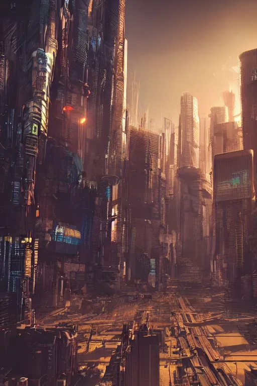 Image similar to cyberpunk cityscape like tokyo nework with tall buildings at dusk golden hour cinematic lighting, epic composition. A golden daylight, hyper-realistic environment. Hyper and intricate detail, photo-realistic. Cinematic and volumetric light. Epic concept art. Octane render and Unreal Engine, trending on artstation
