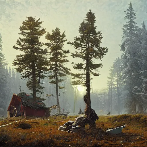 Prompt: an art piece by ivan shishkin and zacharias aagaard and simon stalenhag