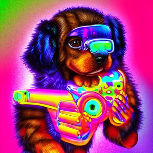 Image similar to portrait of a puppy with UV neon fur holding a gun, in style of Lisa Frank, Artgerm, WLOP, featured on Artstation, deviantart