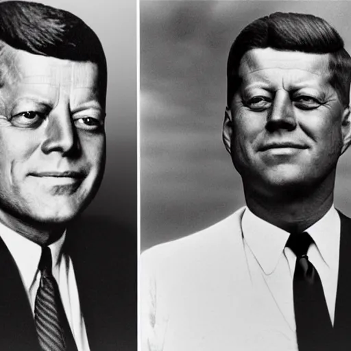 Image similar to portrait photo of bald john f kennedy and nikita kruschev next to each other, black and white, atmospheric lighting