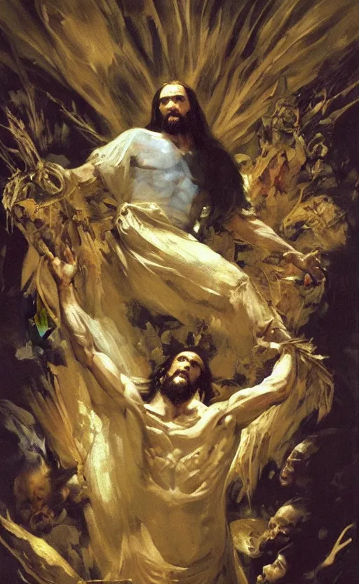 Prompt: evil jesus holding cornucopia!!!!!!!!! 1 sitting on a huge!!!! throne of entwined bodies, elegant, ominous, highly detailed painting by goya!!! phil hale!! gaston bussiere, craig mullins, j. c. leyendecker, 8 k, mid shot