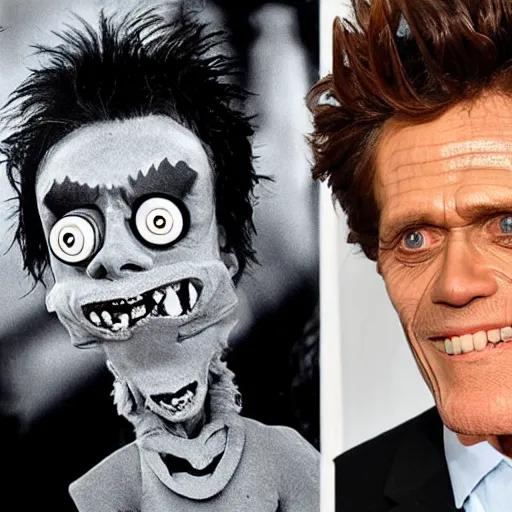 Prompt: willem dafoe with googly eyes by tim burton