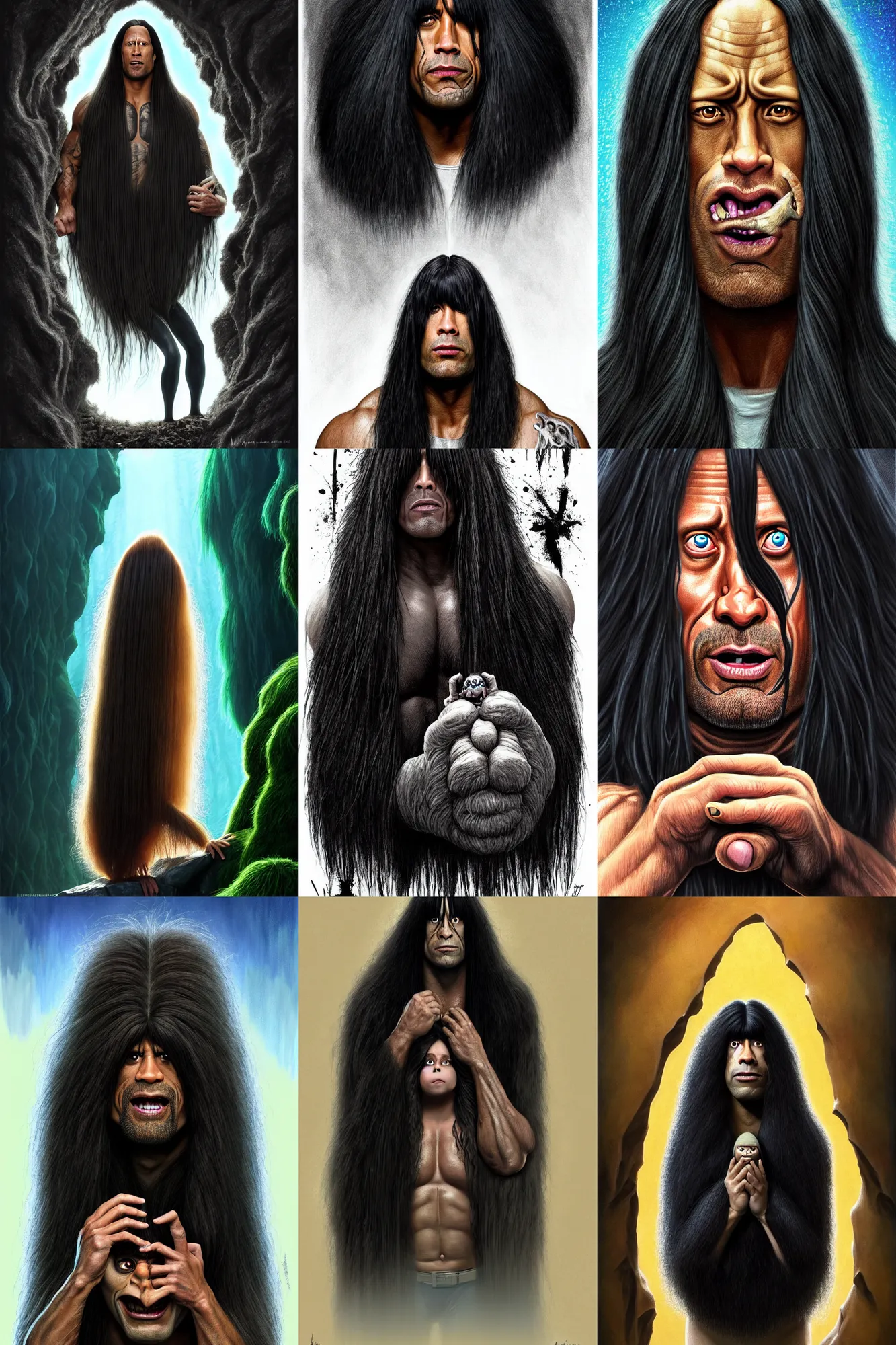 Prompt: dwayne johnson as cousin it from the addams family with lots of hair climbing out of a deep hole in the ground, the ring, horror, animation pixar style, shaded lighting poster by magali villeneuve, artgerm, jeremy lipkin and michael garmash, rob rey and kentaro miura style, trending on art station