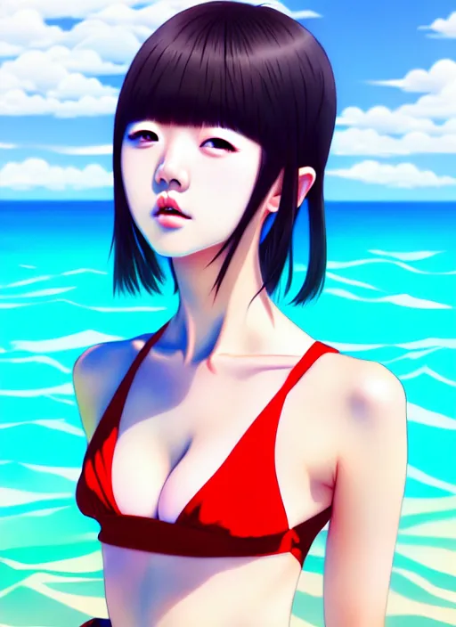 Image similar to ulzzang korean girl wearing two - piece swimsuit portrait, ilya kuvshinov, anime, pixiv top monthly, trending on artstation, cinematic, danbooru, zerochan art, kyoto animation