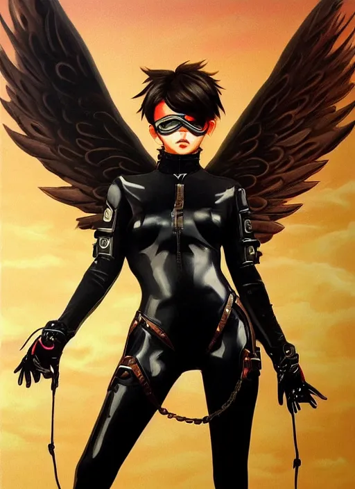 Prompt: full body artwork of tracer overwatch, wearing black latex outfit, in style of zdzisław beksinski, angel wings, dramatic painting, wearing detailed leather collar, black shiny armor, chains, black harness, detailed face and eyes,