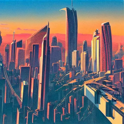 Prompt: ”looking into valley with big city and skyscrapers in the sunset, beautiful, vivid, by syd mead”