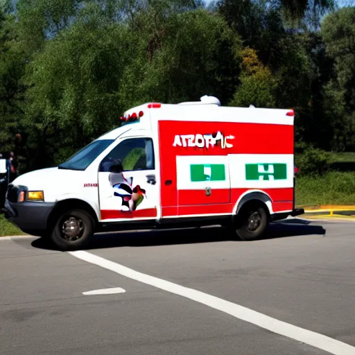 Prompt: anthropomorphic ambulance, high resolution photo