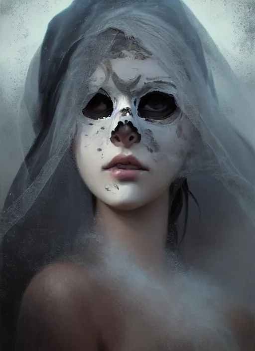 Image similar to close up of a veiled half scull mask girl on the ruins temple, looking at the camera very curiously, smog on the floor, extremely beautiful and aesthetic and attractive and cute detailed face and body, chiaroscuro, model pose, fantasy illustrations, by makoto shinkai and jeremy lipking and ferdinand knab