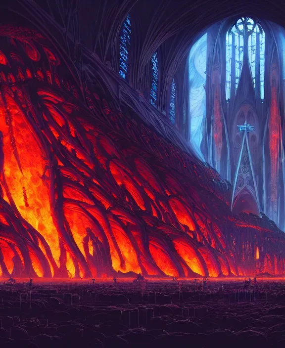 Prompt: a massive cathedral made out of biological forms, in the style of a spaceship, hellscape, hell, fire, brimstone, lava, by dan mumford, yusuke murata, makoto shinkai, ross tran, cinematic, unreal engine, cel shaded, featured on artstation, pixiv