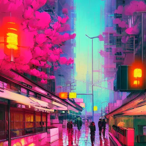 Image similar to impressionism and expressionism, bold colors, expressive brushstrokes. a painting of an art - deco city street with pink flowers, cyberpunk art by liam wong, cgsociety, panfuturism, cityscape, utopian art, anime aesthetic